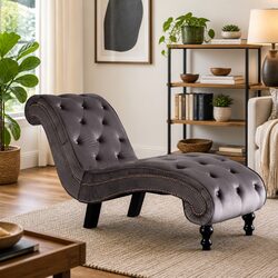 Compact Grey Velvet Chaise Lounge with Unique Features