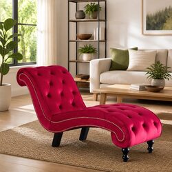 Chaise Lounge Red Velvet Button Tufted Accent Chair Living Room Furniture