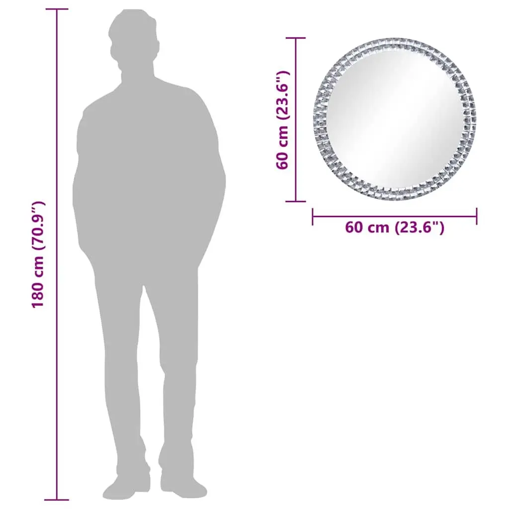 Round Wall Mirror 60cm Tempered Glass Silver Bathroom Living Room Bedroom Decor