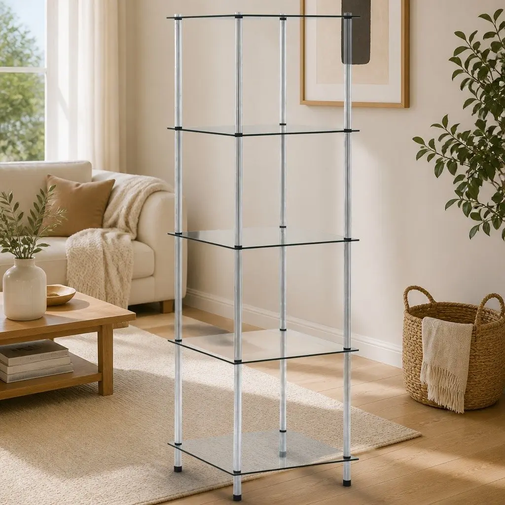 5-Tier Shelf Transparent Tempered Glass Display Storage Unit