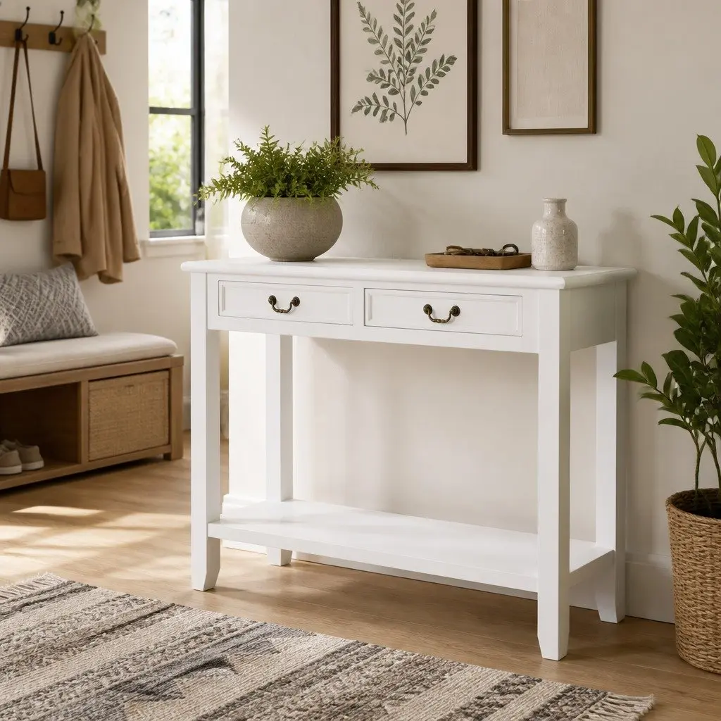 White Console Table 110x35x80 cm with Drawers and Shelf Storage