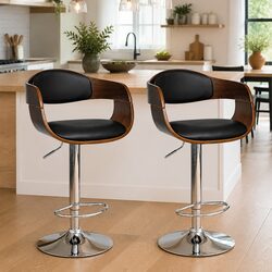 Set of 2 Adjustable Bar Stools with Faux Leather Seating
