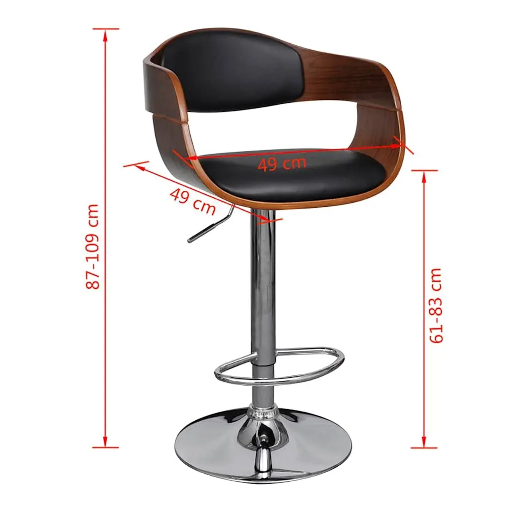 Bar Stools Set of 2 Bent Wood Faux Leather Black Adjustable Height Footrest
