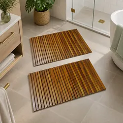 Wooden Bath Mat Set 80 x 50 cm Brown Bathroom Sauna Non-Slip Rubber Backing 2pcs