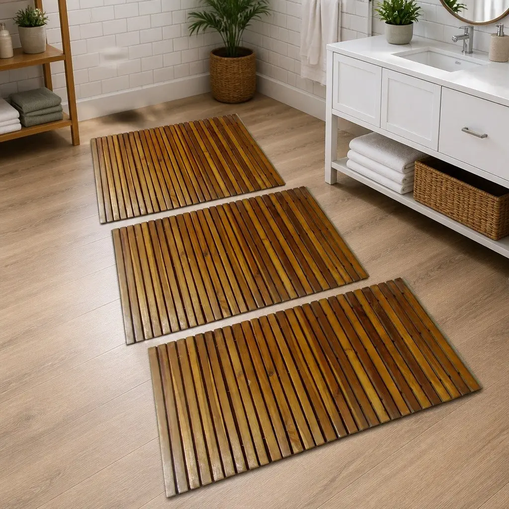 Wooden Bath Mat Brown 80 x 50 cm Non-Slip Bathroom Sauna Floor Rug Set of 3