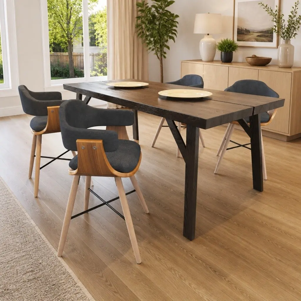 Dining Chairs Grey 4 Piece Set Bent Wood Fabric Armrest Kitchen Room Seating