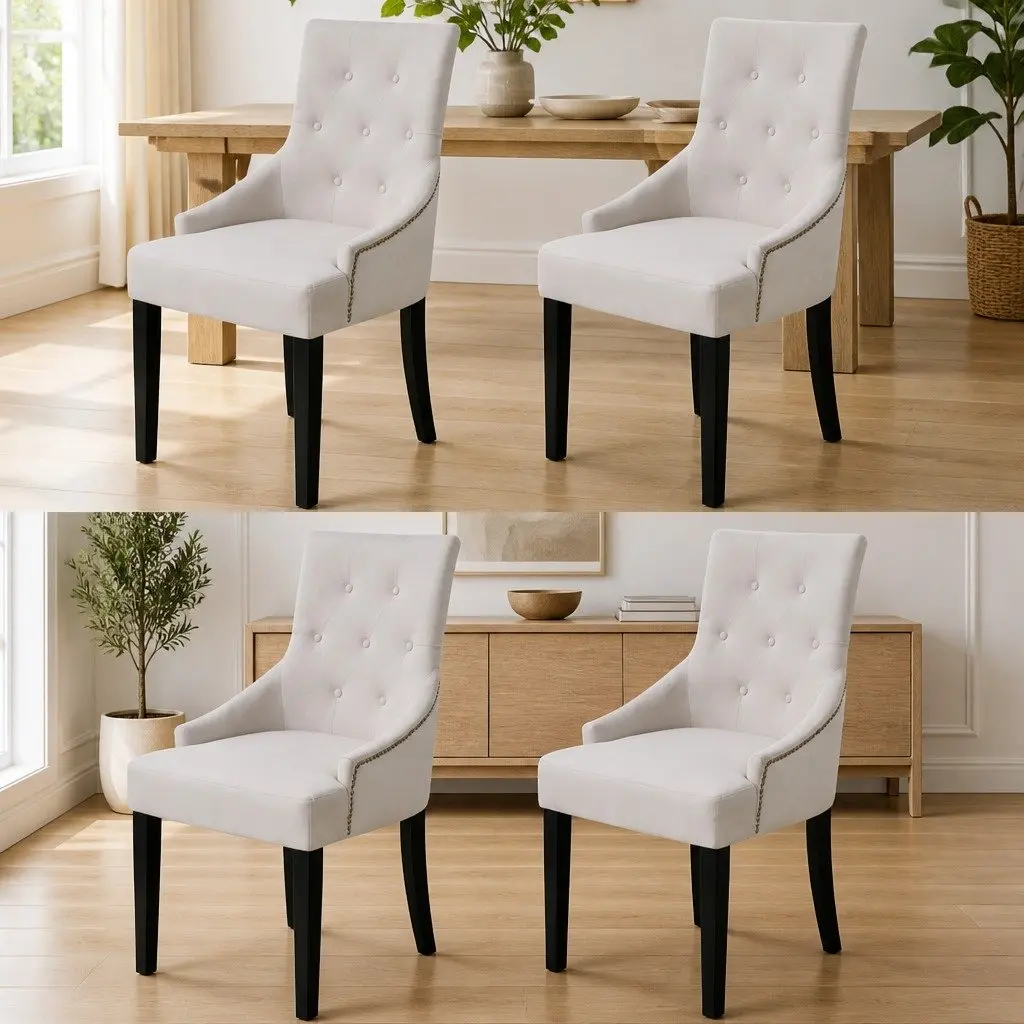 Dining Chairs Cream Fabric 4 Piece Armrest Padded Backrest