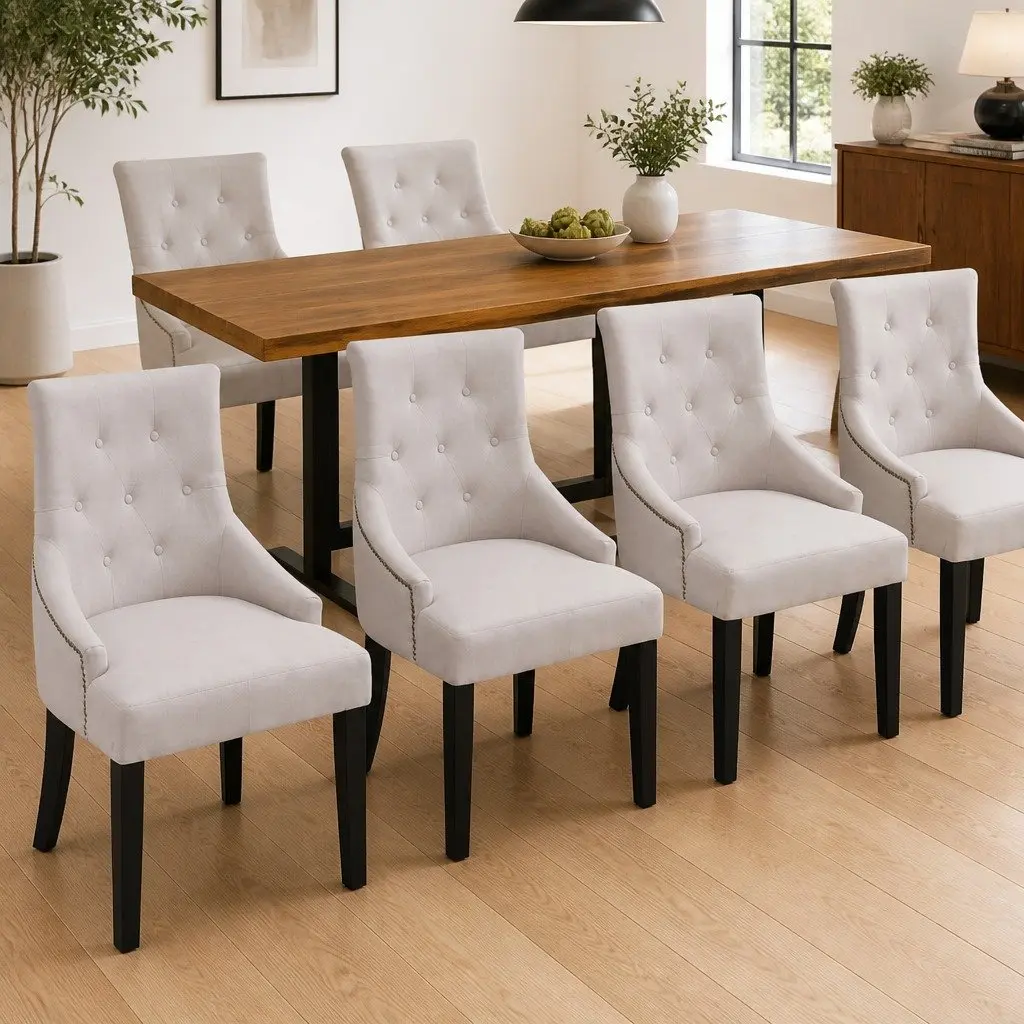 Dining Chairs Cream Fabric 6 Piece Padded Armrests