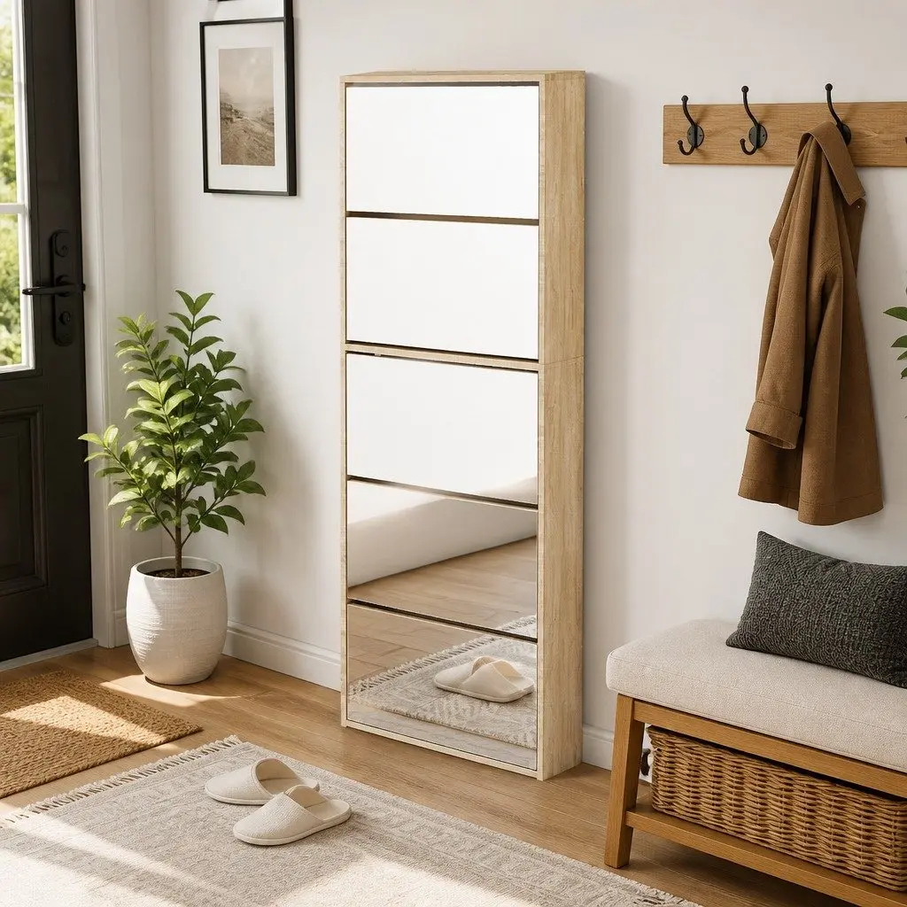 Shoe Cabinet Brown 5-Layer Wall-Mounted Organiser with Mirror