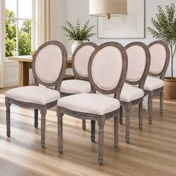 Set of 6 Dining Chairs: Cream Linen Upholstered