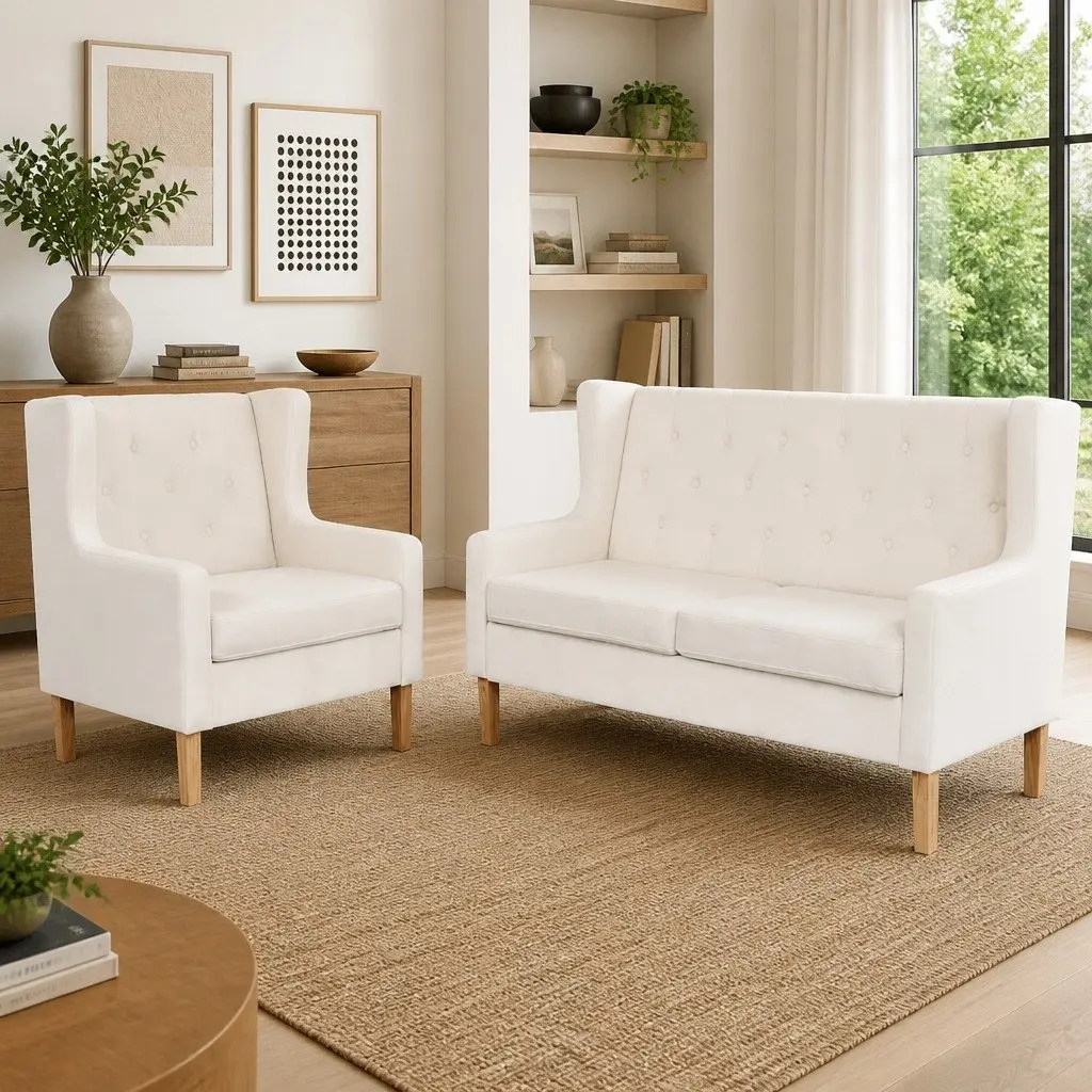 2-Piece Sofa Set White Polyester Fabric Foam Padded Seating Solid Wooden Frame