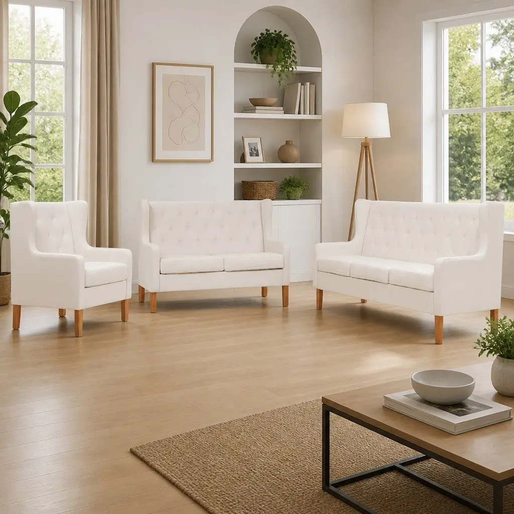 3-Piece Sofa Set White Fabric 2-Seater 3-Seater Armchair Foam Padded Solid Wooden Frame