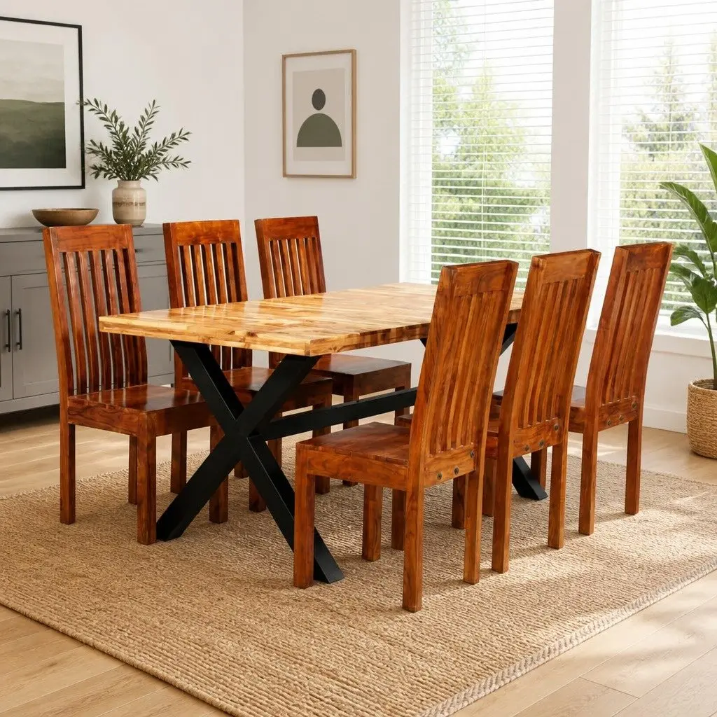 7 Piece Dining Set Brown Solid Mango Acacia Wood Table and Chairs with Sturdy Steel Legs for Kitchen