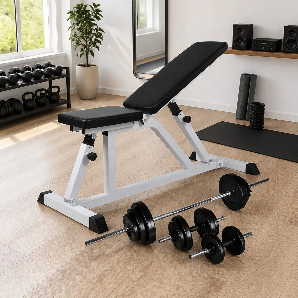 Adjustable Weight Bench White Multifunctional Home Gym Equipment with Barbell Dumbbell Set 30.5kg