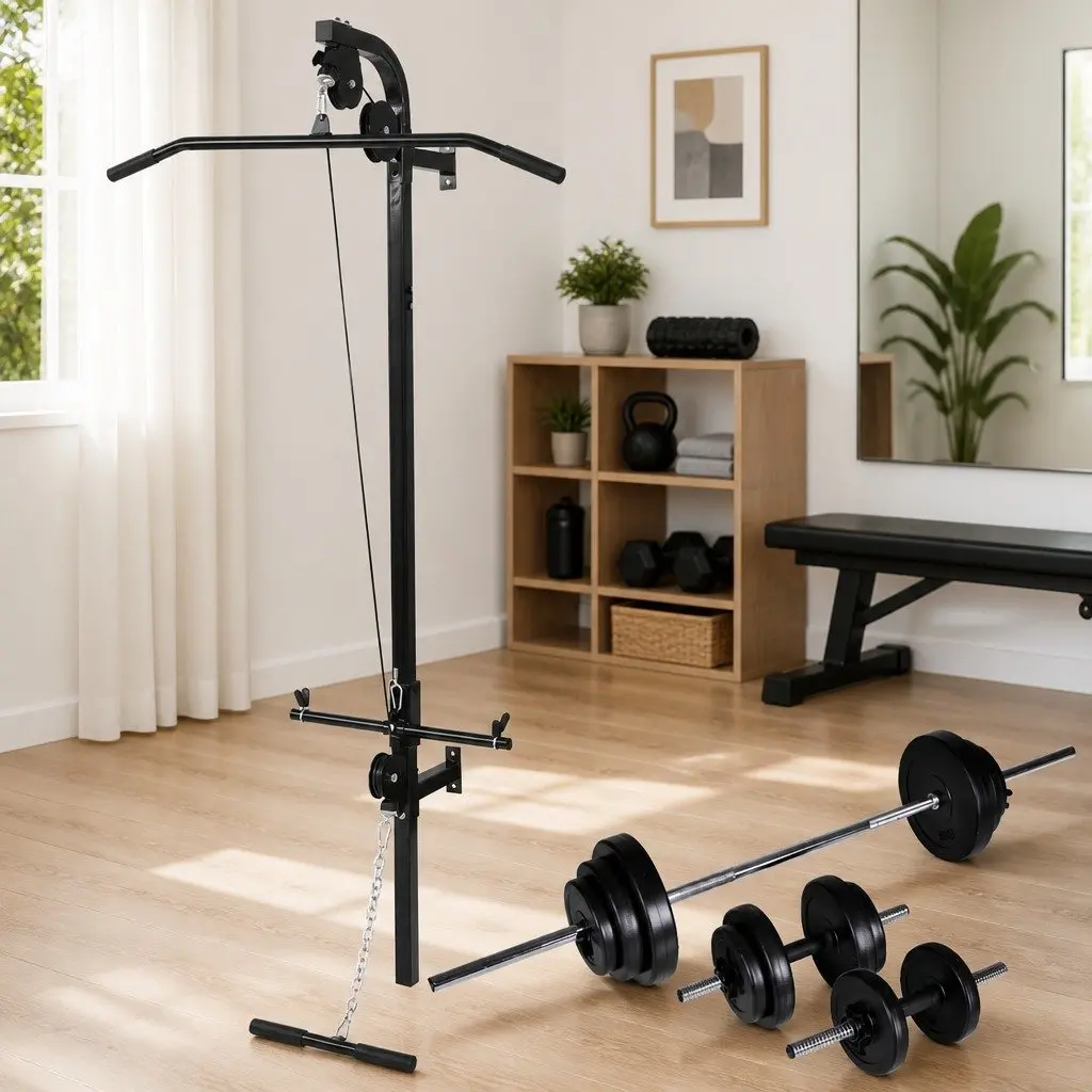 Wall-Mounted Power Tower Black Strength Training Lat Pulldown Cable Machine