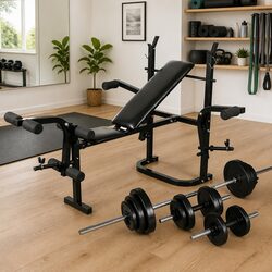 Folding Weight Bench and 30.5kg Barbell Set