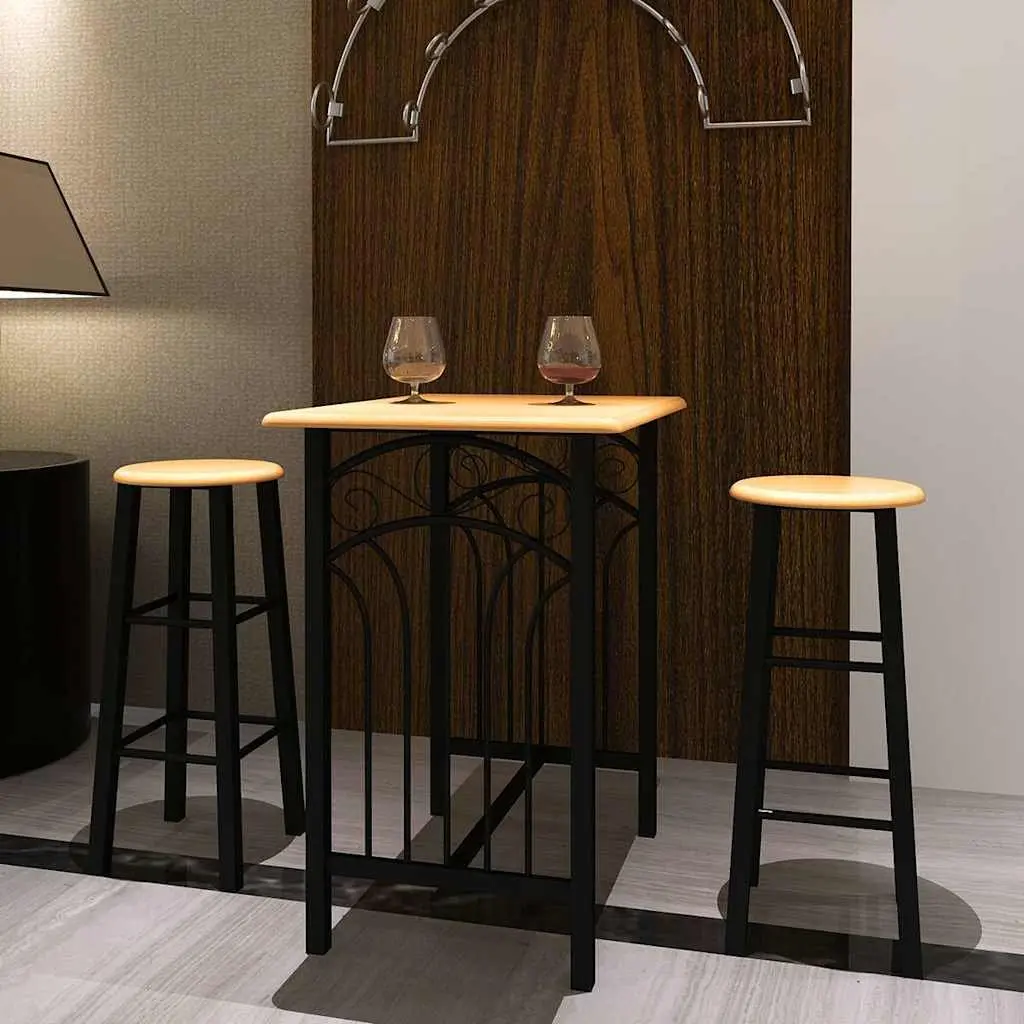 Bar Table and Stool Set 3 Pieces Kitchen Dining Furniture Brown Wood Steel