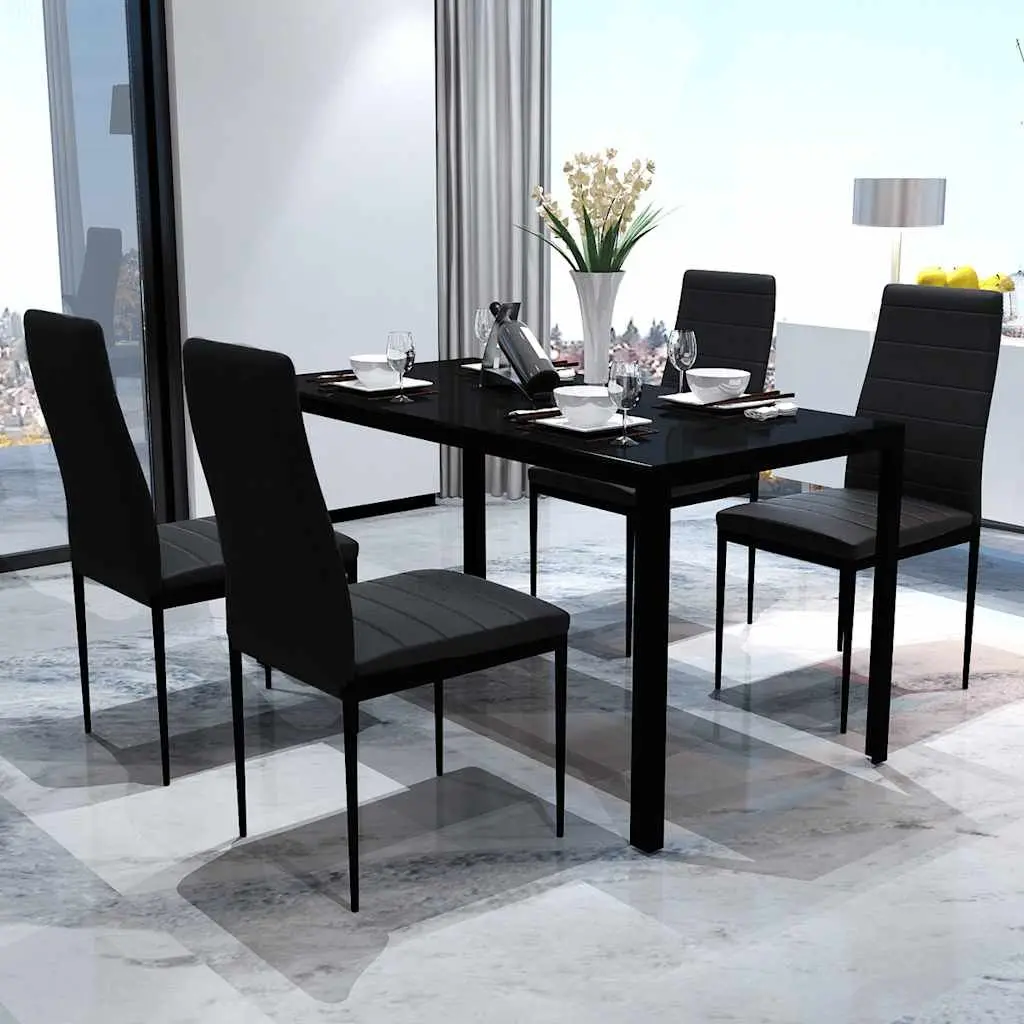 Dining Set 5 Pieces Black Modern Kitchen Table 4 Chairs Artificial Leather
