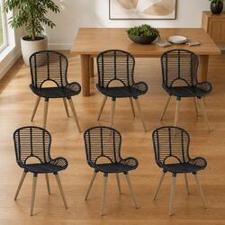 Natural Rattan Dining Chairs Set of 6 Black Kitchen Furniture with Wooden Legs