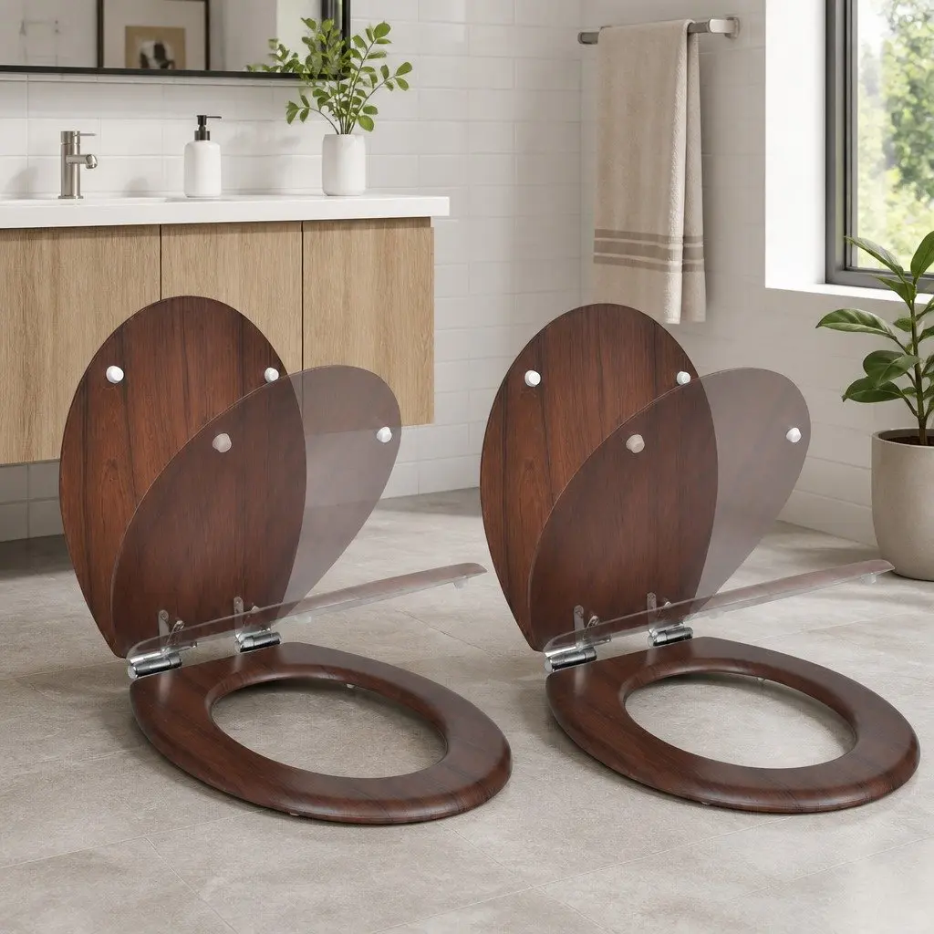 Toilet Seats Brown MDF 2 Pack Soft Close Lids Universal Fit Adjustable Hinges