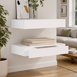 White Floating Wall Shelves with Drawer Storage Display 48cm Set of 2