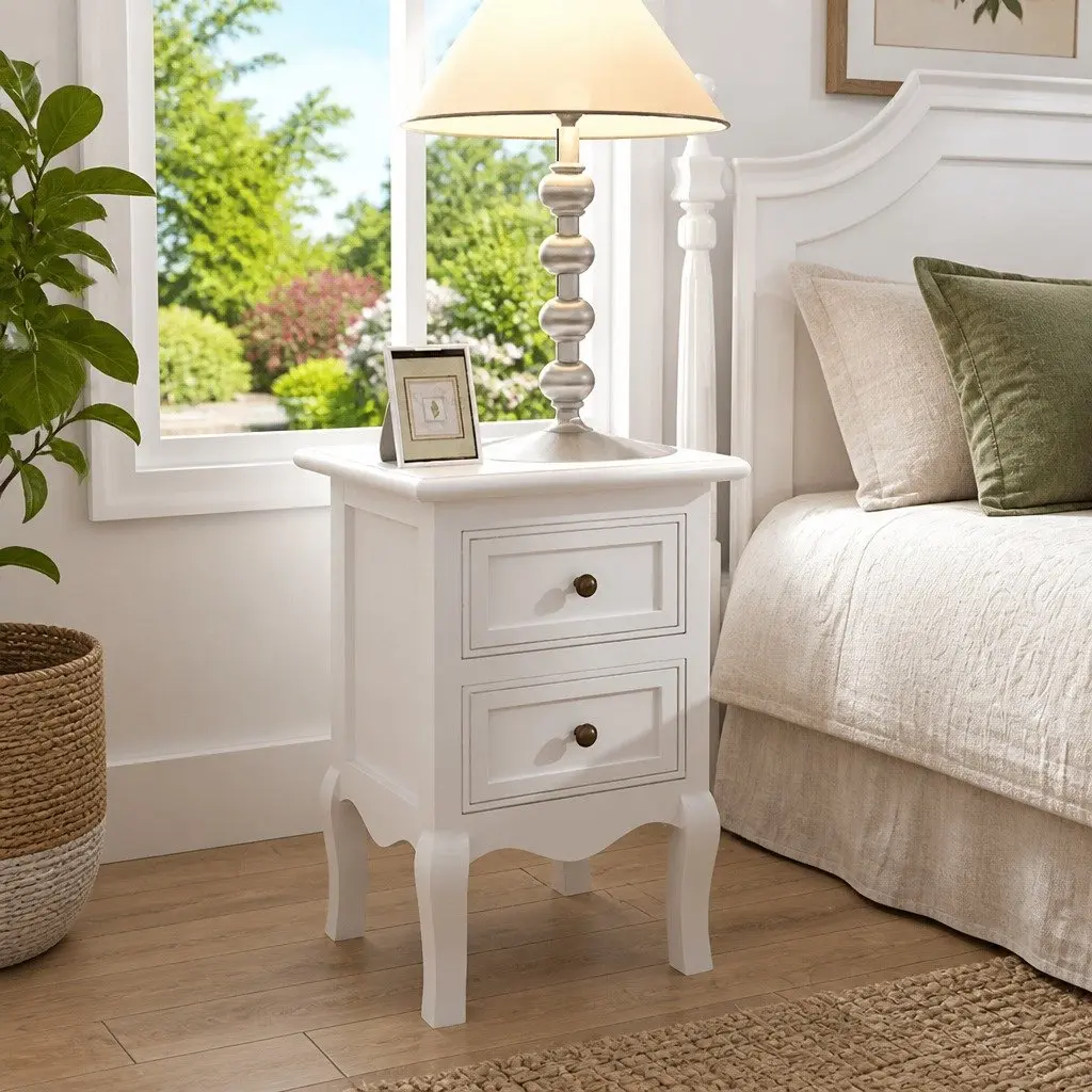 Bedside Tables White Vintage Style Set of 4 with Two Drawers