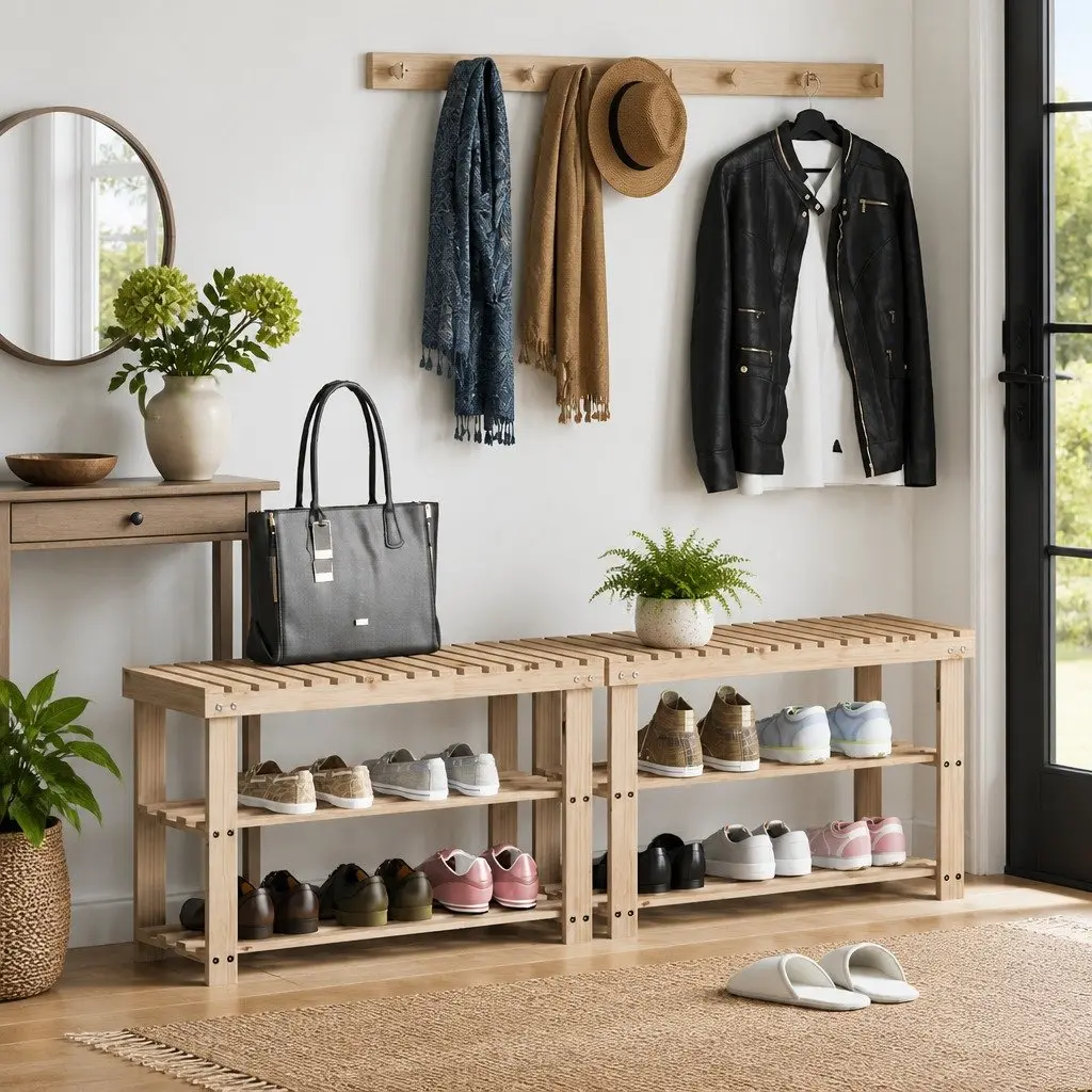 Shoe Rack Brown Solid Wood 2-in-1 Entryway Stand with Bench Seat Storage Organizer