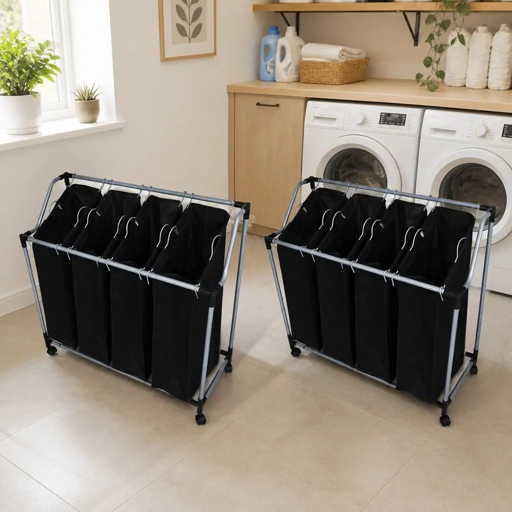 Laundry Sorters with Bags 2 pcs Black Organizer Cart Household Storage Baskets