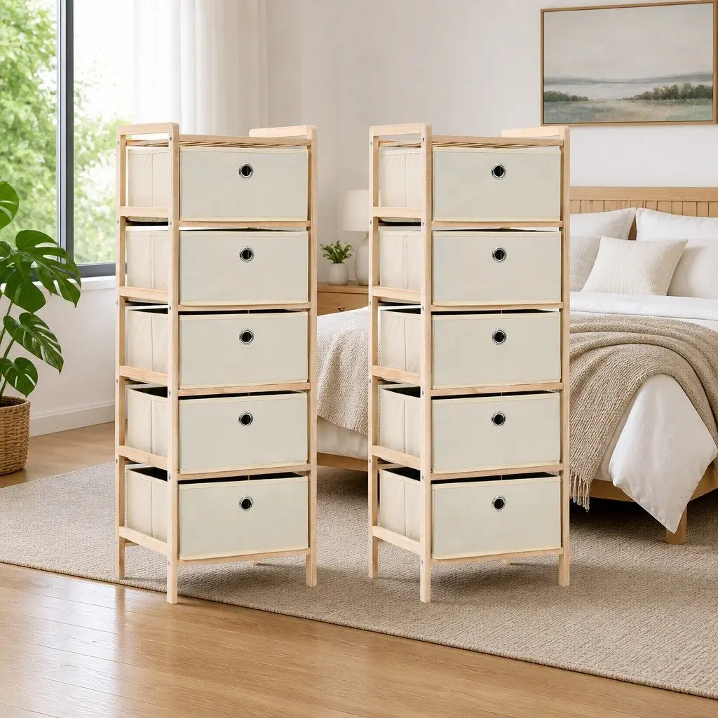 Storage Rack Beige 5 Fabric Baskets Lightweight Wooden Cabinet Organiser 2 Pack