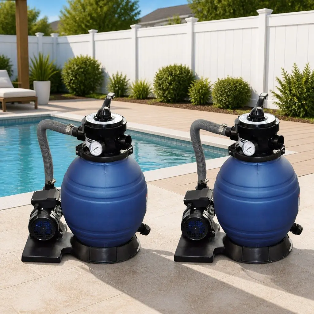 Sand Filter Pump 400W Above Ground Filtration System 11000 L/h Durable Corrosion-Proof with Multiport Valve and Pressure Gauge Set of 2