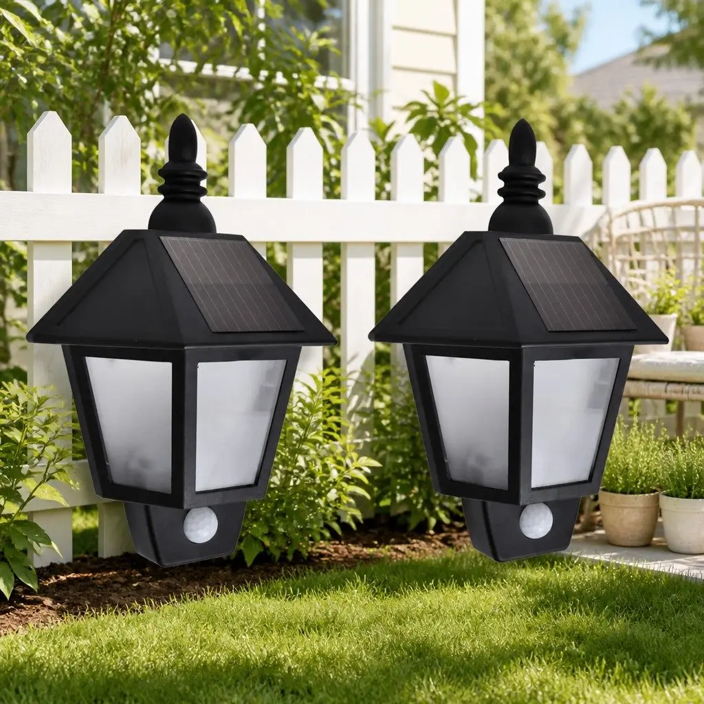 Solar Wall Lamps Black 2 Piece Motion Sensor Outdoor Garden Patio Fence Lighting