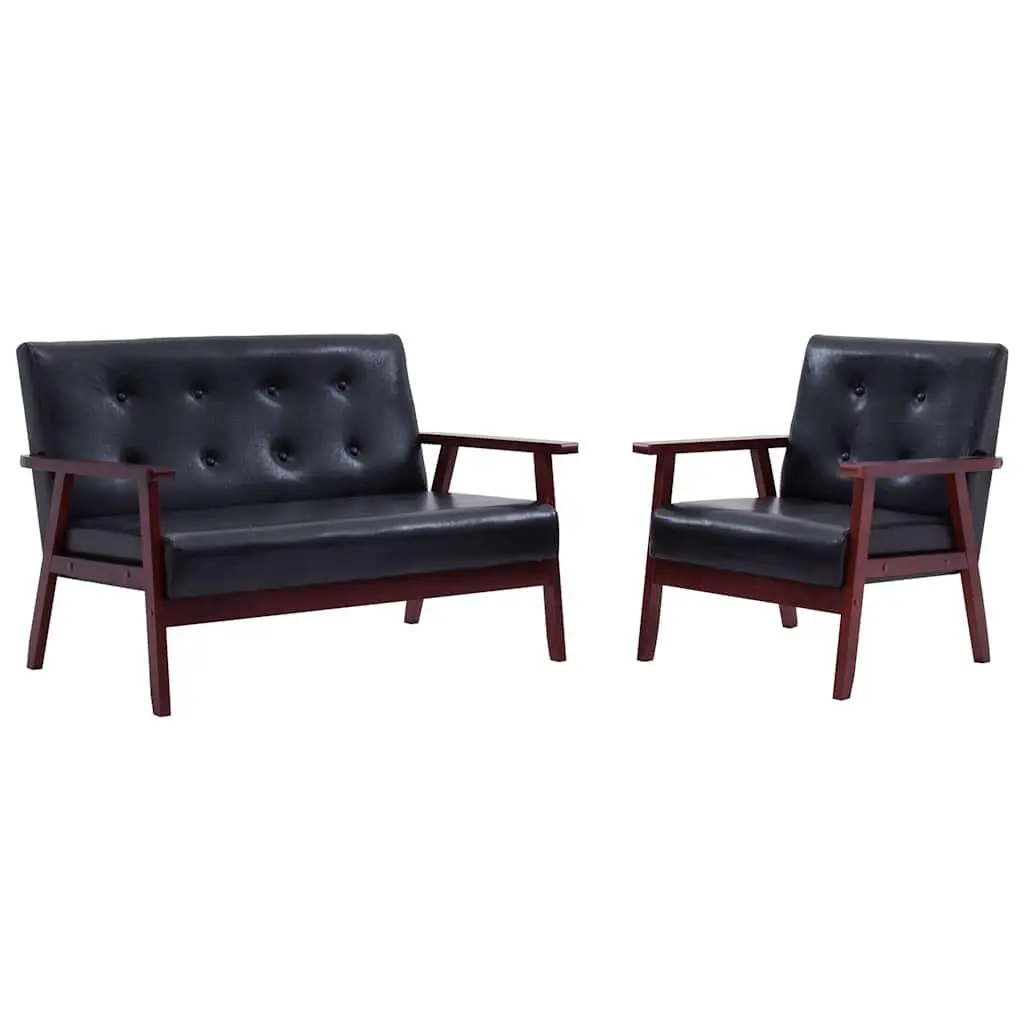 2 Piece Black Sofa Set Faux Leather Upholstery Foam Padded Seat Solid Wooden Frame