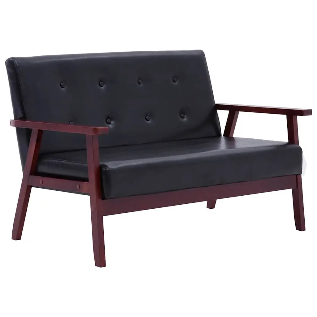 2 Piece Black Sofa Set Faux Leather Upholstery Foam Padded Seat Solid Wooden Frame