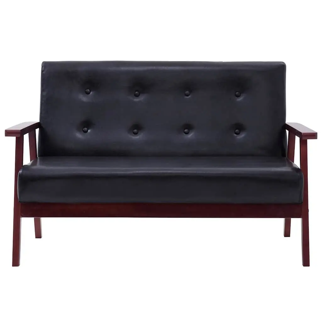2 Piece Black Sofa Set Faux Leather Upholstery Foam Padded Seat Solid Wooden Frame