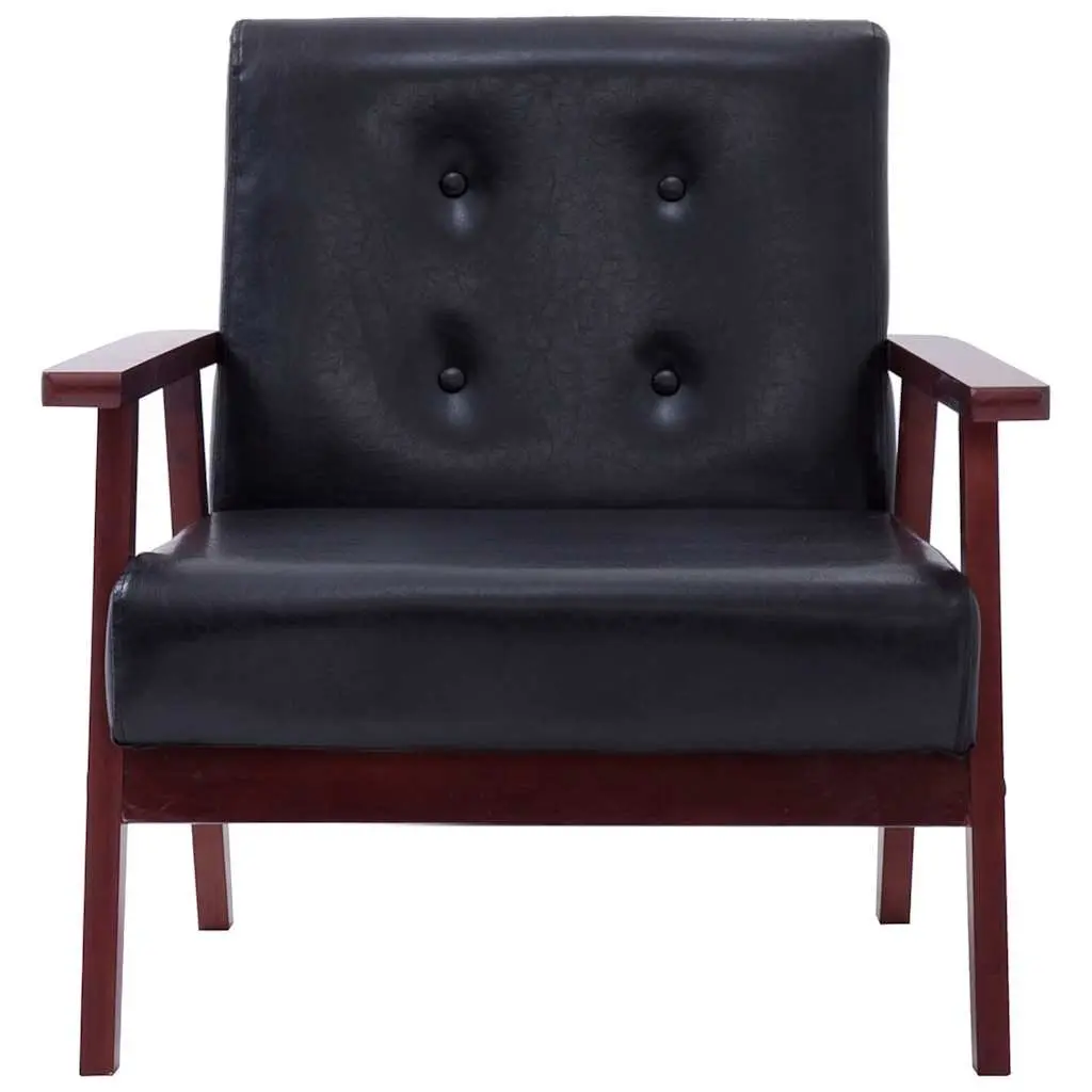 2 Piece Black Sofa Set Faux Leather Upholstery Foam Padded Seat Solid Wooden Frame