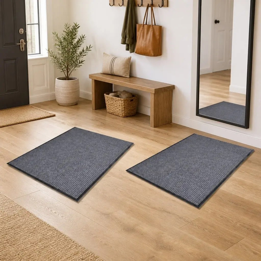 Door Mats Grey 90x60 cm Non-Slip PVC Backing 2 Piece Home Office Entry Mats