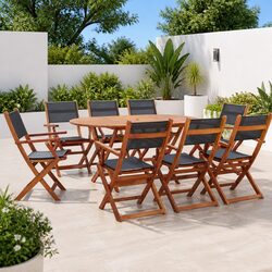 9 Piece Outdoor Dining Set Solid Eucalyptus Wood Textilene Foldable Garden Patio