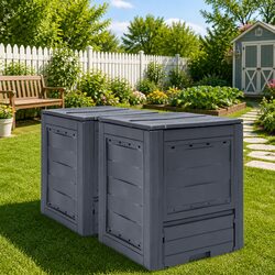 Garden Composters 2 Pack Grey 60x60x73cm Rattan Look Waste Bins Ventilation