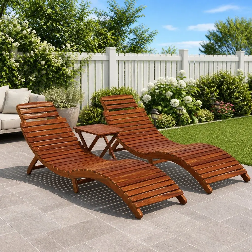 3-Piece Wooden Sun Lounger Set