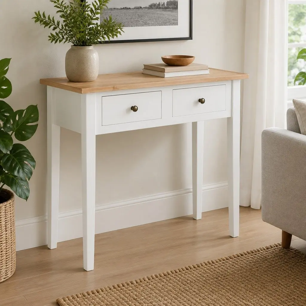 Console Table White Compact 2 Drawers Smooth Rolling Mechanism