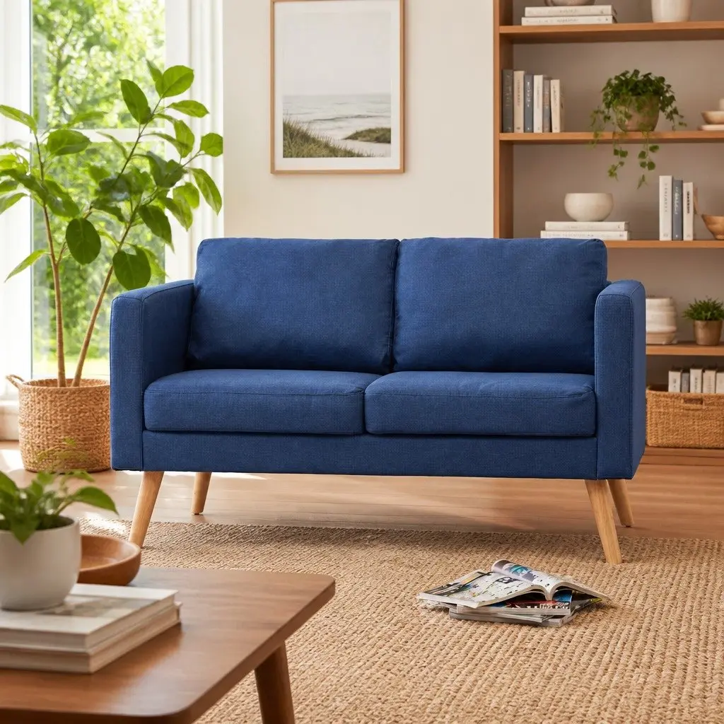 Blue Fabric 2-Seater Sofa Living Room Couch Thick Cushions Removable Covers Sturdy Frame