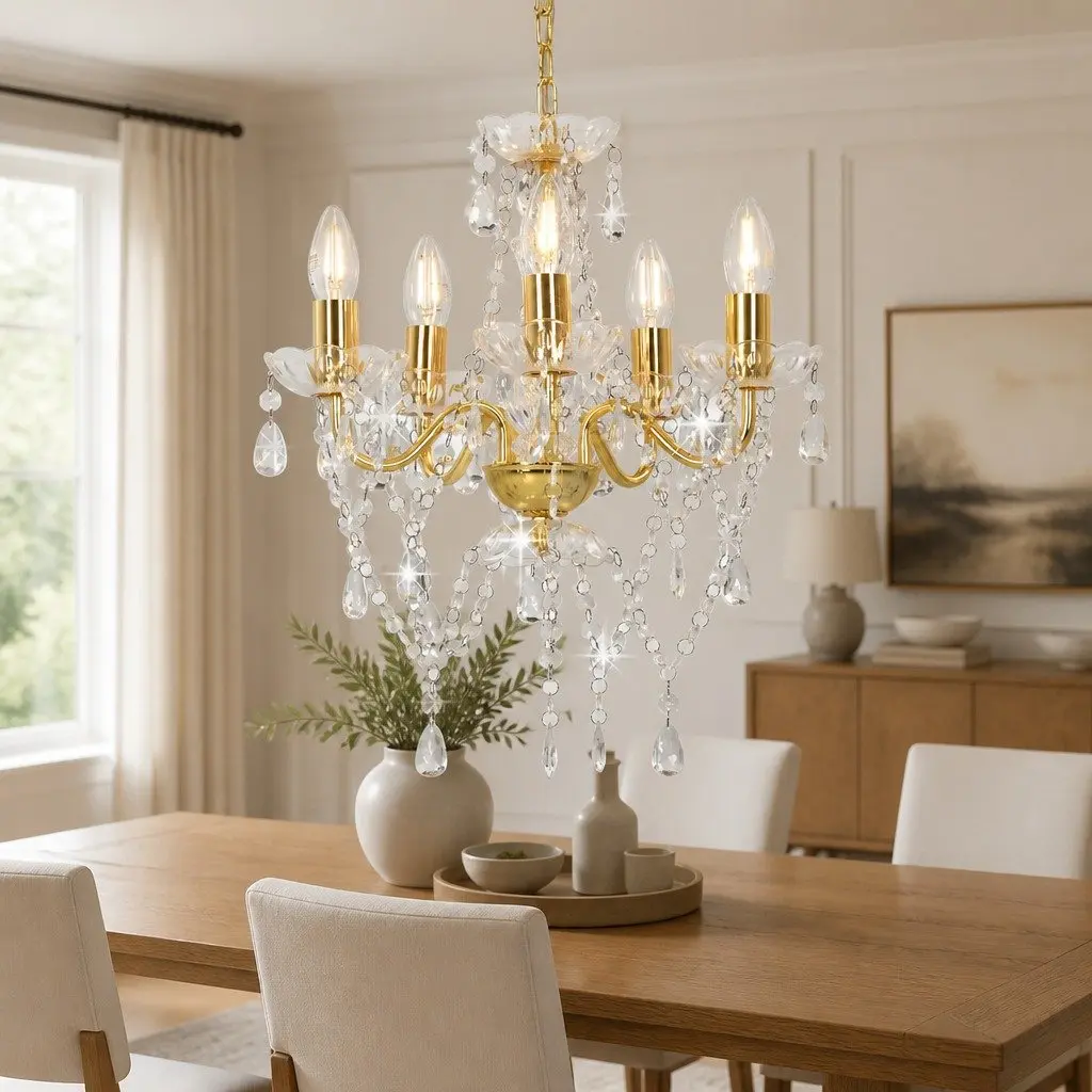 Golden Chandelier with Crystal Beads for Home Lighting