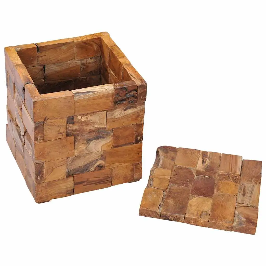 Storage Stool Solid Teak Wood Brown Compact Bedside Table Rustic Mosaic Design