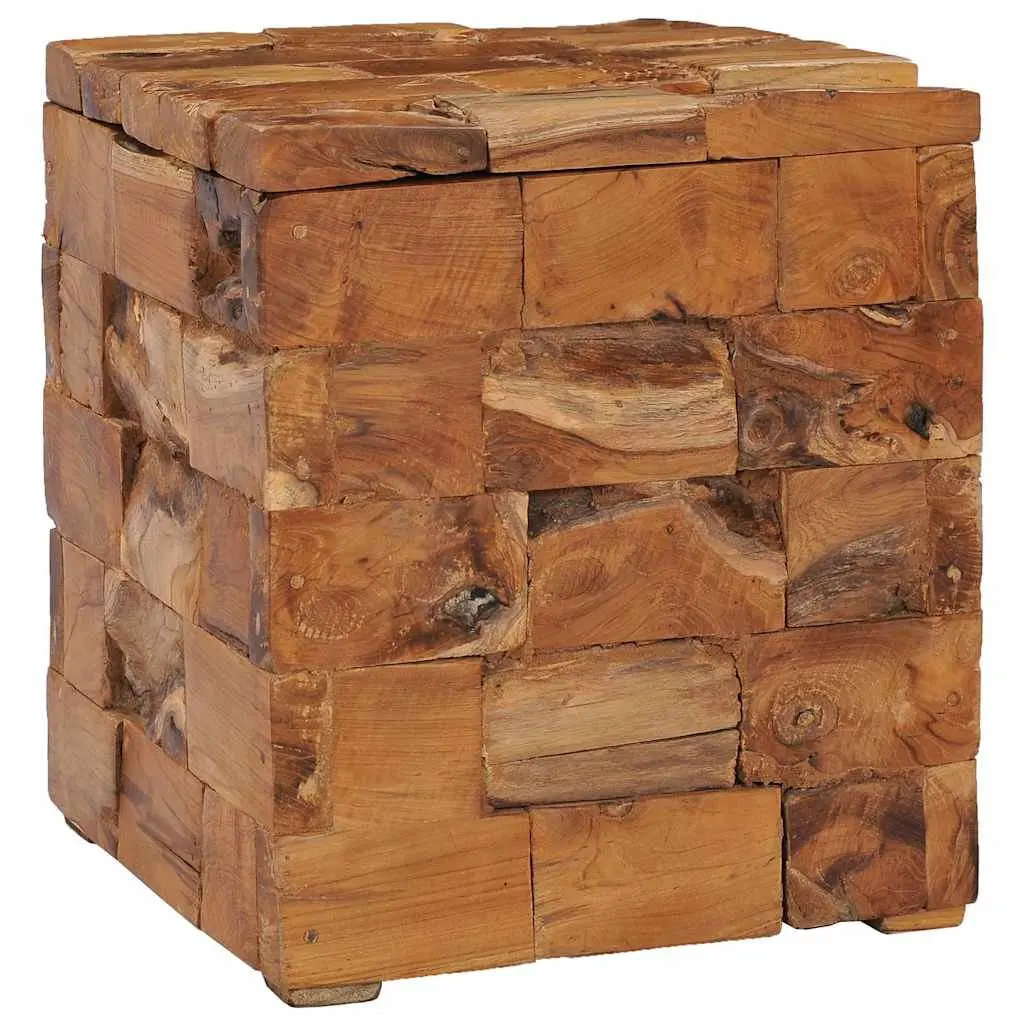Storage Stool Solid Teak Wood Brown Compact Bedside Table Rustic Mosaic Design