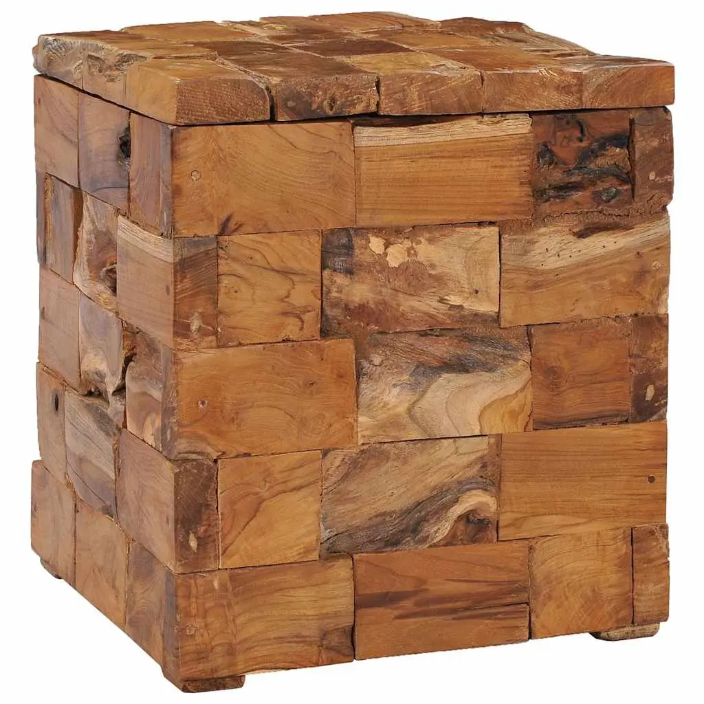 Storage Stool Solid Teak Wood Brown Compact Bedside Table Rustic Mosaic Design