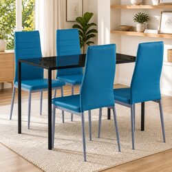 Dining Set 5 Piece Modern Table Chairs Kitchen Furniture Blue Glass Top