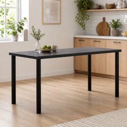 Sleek Black Dining Table with Wood Grain Top