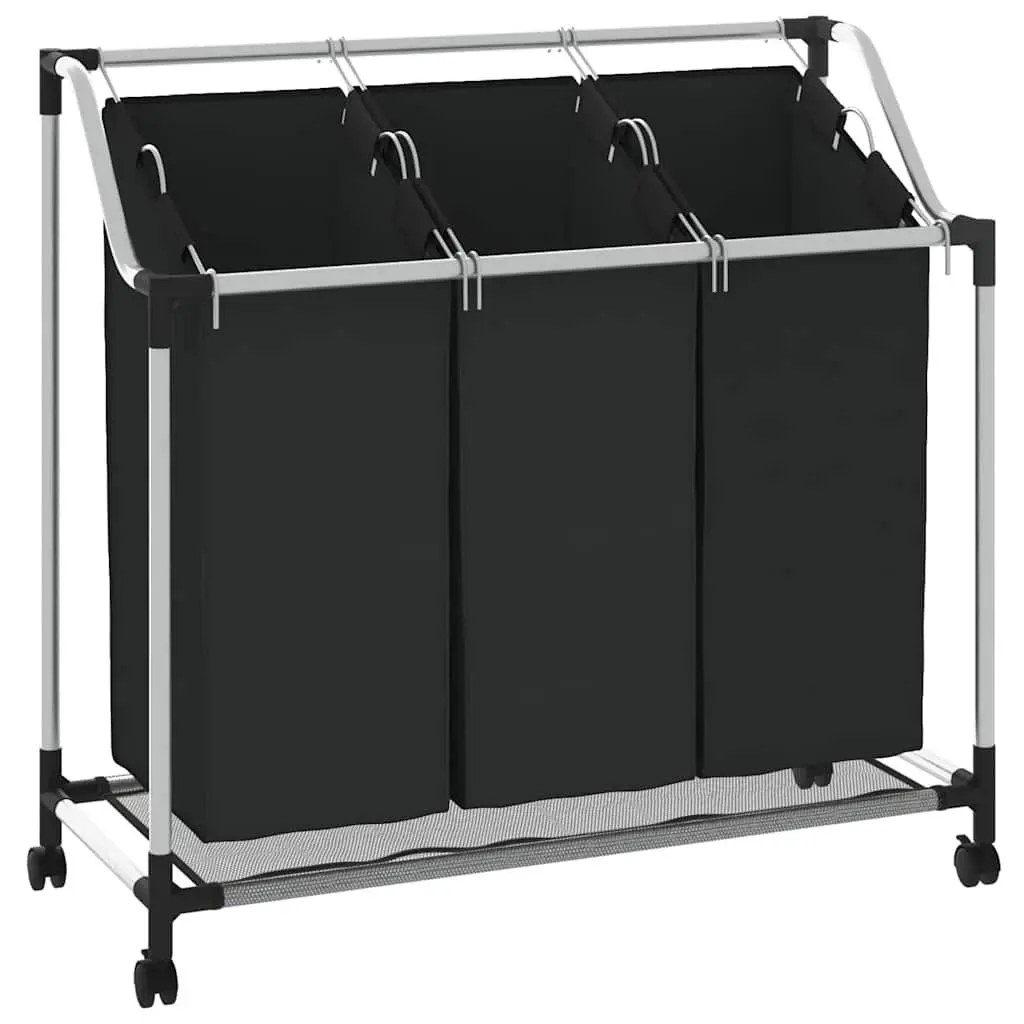Laundry Sorter Black 3 Bags Steel Frame Wheels Handles Utility Room Organizer