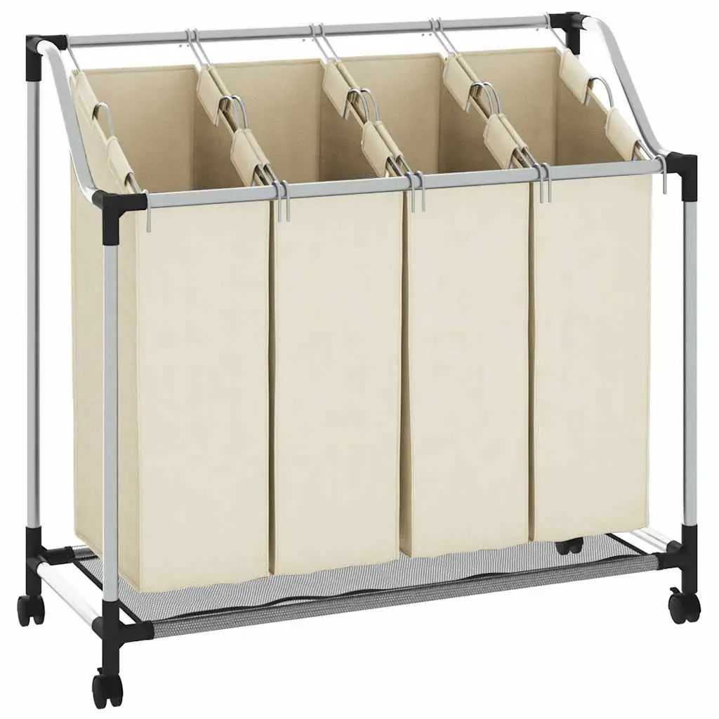 Laundry Sorter Cream 4 Bags Steel Frame Wheels Handles Dirty Clothes Organizer