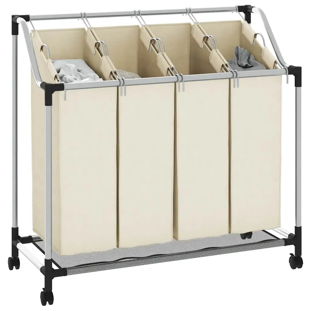 Laundry Sorter Cream 4 Bags Steel Frame Wheels Handles Dirty Clothes Organizer